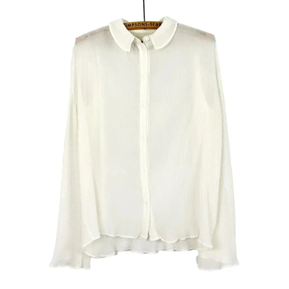 Something Navy Womens XS Off White Pleated Button Up Blouse